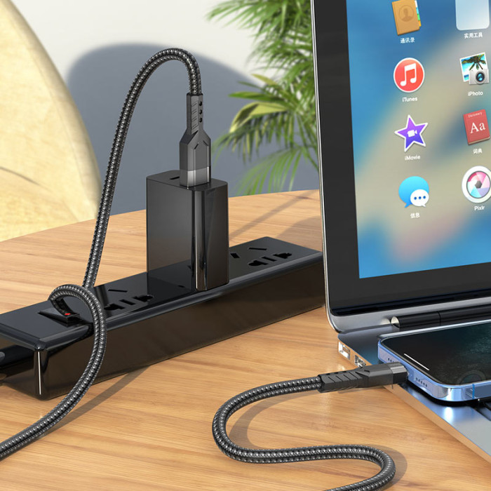Кабель HOCO U110 USB to iP 2.4A, 1.2m, nylon, aluminum connectors, Black