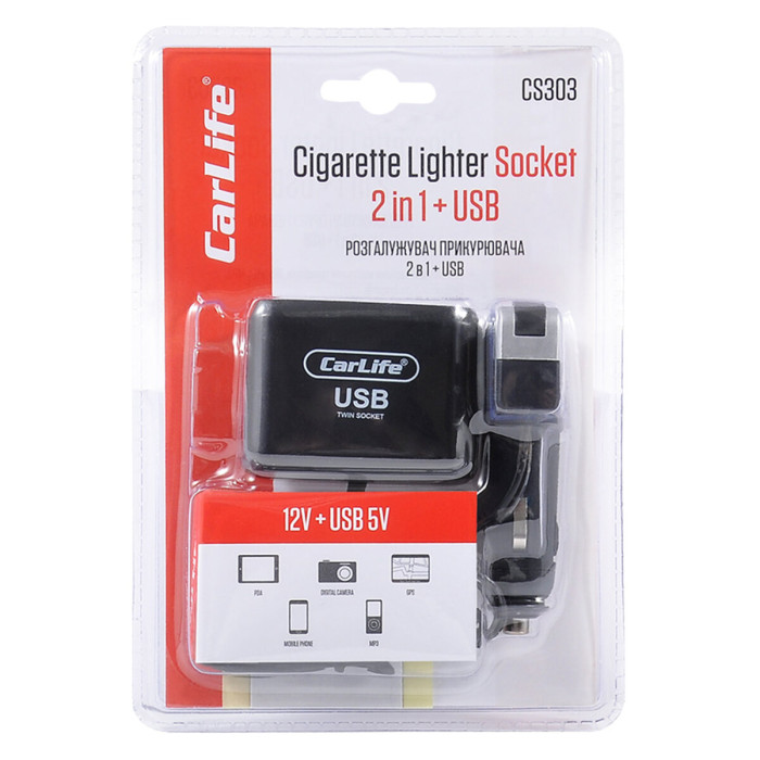 Розгалужувач прикурювача Carlife 2в1 + USB, 12В, 5A
