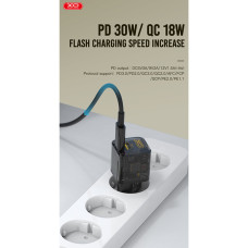 Мережевий зарядний пристрій XO CE05 Gan PD30W+QC3.0 18W+ Lighting кабель коричневий