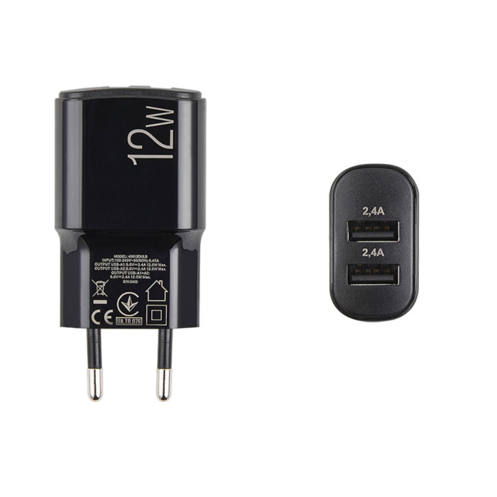 Мережевий зарядний пристрій Brevia ePower 12W 2xUSB-A чорний