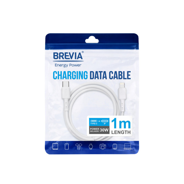 Кабель Brevia Type-C to Lightning 30W 1м, білий ZIP (51100WCLZ1)