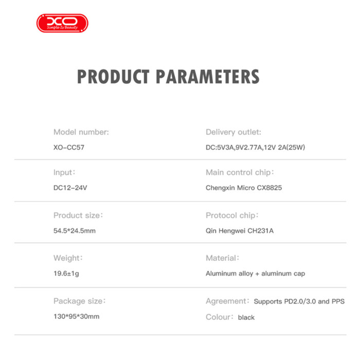 Автомобільний зарядний пристрій XO CC57 PD25W Smart Metal Single C Port+ Lightning кабель чорний
