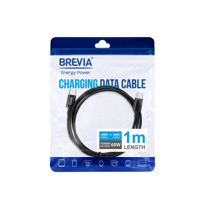 Кабель Brevia Type-C to Type-C 60W 1м, чорний ZIP (55100BCCZ1)