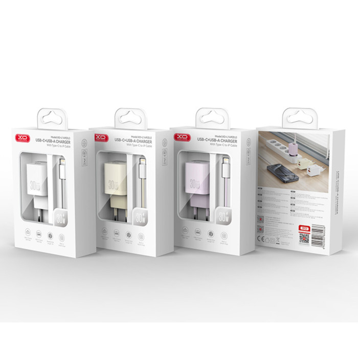 Мережевий зарядний пристрій XO L149 PD30W 1USB-A+1USB-C + Lightning кабель білий