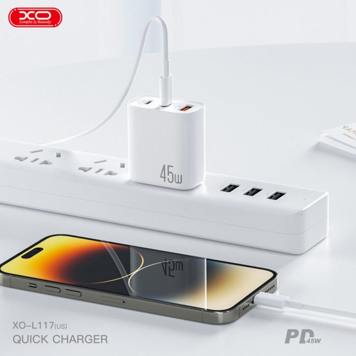 Мережевий зарядний пристрій XO L117 PD45W/QC18W 2USB-C+1USB-A білий