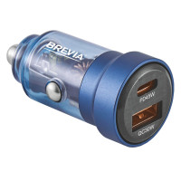 Автомобільний зарядний пристрій Brevia ePower DualCharge 75W 1xUSB-C+1xUSB-A, прозорий синій
