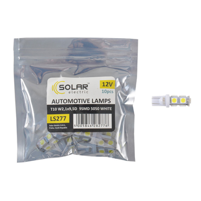 Автолампа Solar LED 12V T10 W2.1x9.5d 9SMD 5050, white 10шт