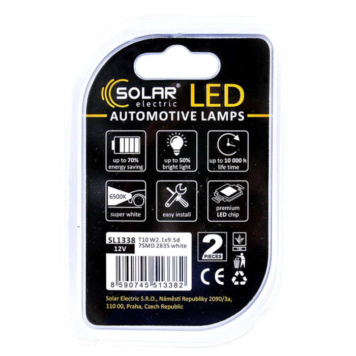 Автолампа Solar LED 12V T10 W2.1x9.5d 7SMD white, 2шт