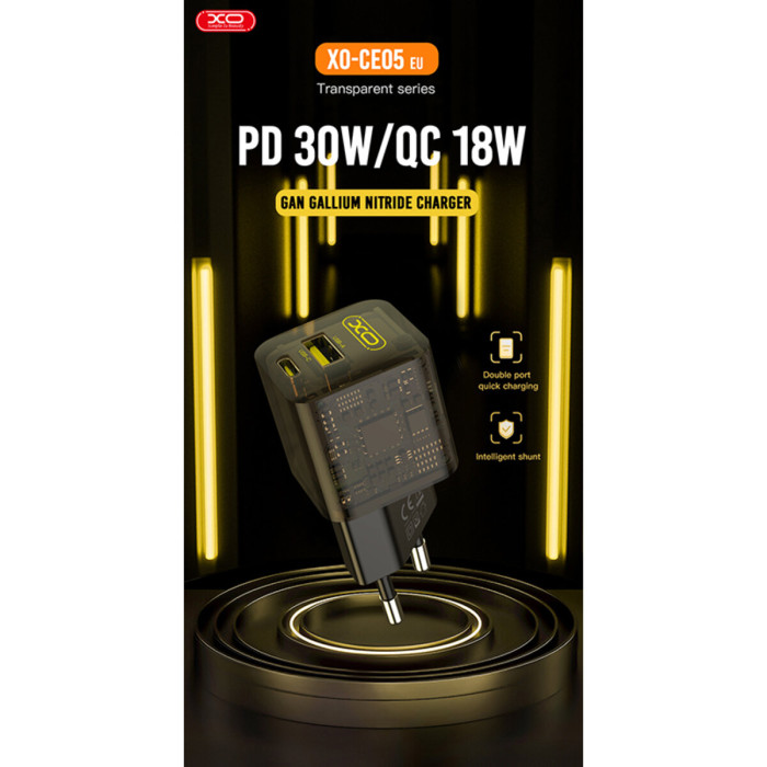 Мережевий зарядний пристрій XO CE05 Gan PD30W+QC3.0 18W+ Lighting кабель коричневий