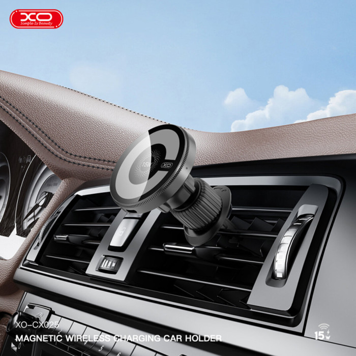 Тримач телефону автомобільний XO з бездротовою зарядкою CX025 Magnetic Car Air Vent 15W чорний