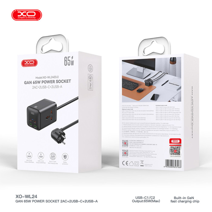 Мережевий зарядний пристрій XO WL24 Fast Charging Desktop Charger Array Plug 65W чорний