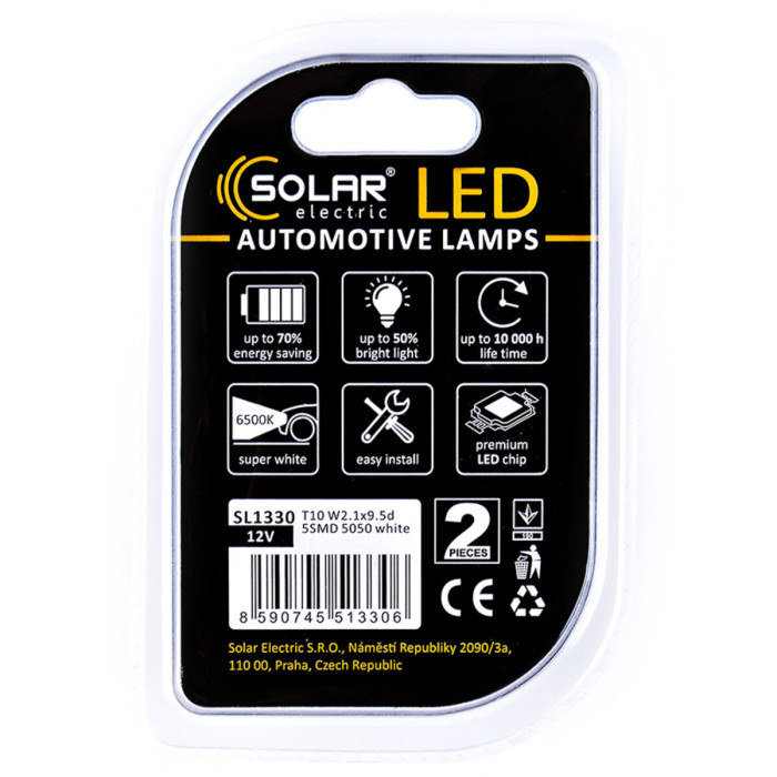Автолампа Solar LED 12V T10 W2.1x9.5d 5SMD white, 2шт SL1330