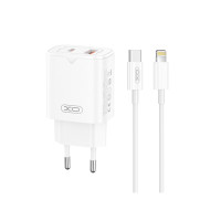Мережевий зарядний пристрій XO L130 PD30W/QC18W 1USB-C+1USB-A + Lightning кабель білий