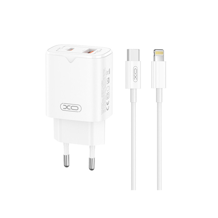 Мережевий зарядний пристрій XO L130 PD30W/QC18W 1USB-C+1USB-A + Lightning кабель білий