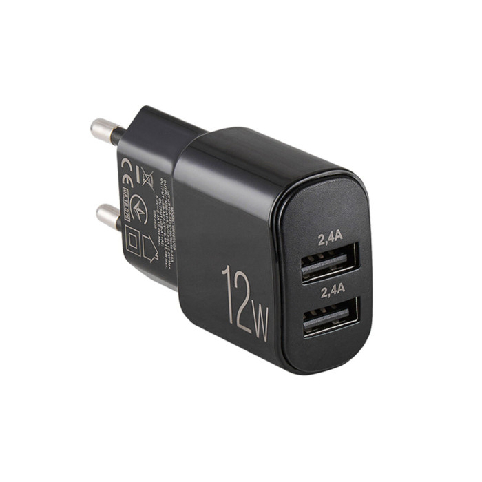 Мережевий зарядний пристрій Brevia ePower 12W 2xUSB-A чорний