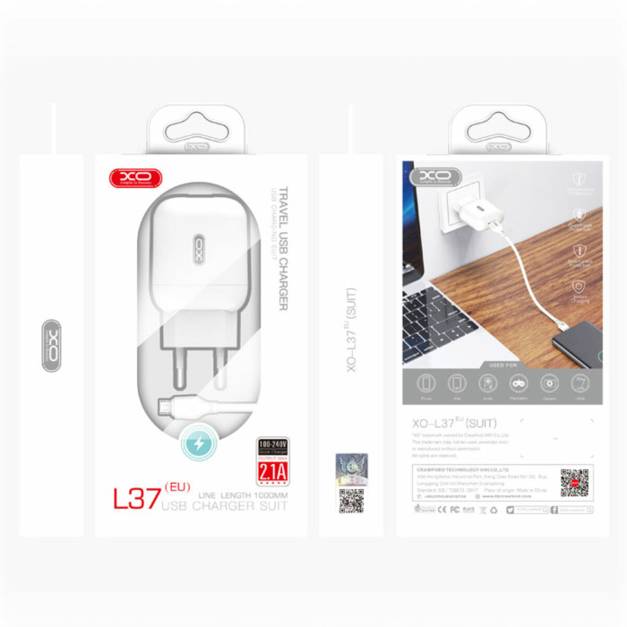 Мережевий зарядний пристрій XO L37 + Lightning кабель білий