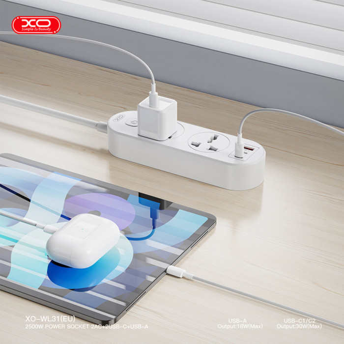 Мережевий фільтр XO WL31 30W (2 розетки +1USB-A+2USB-C) з головними вимикачем 1,5м. білий