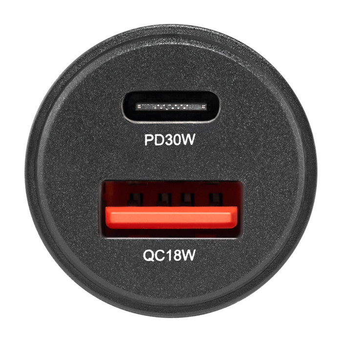 Автомобільний зарядний пристрій Brevia ePower DualCharge 30W 1xUSB-C+1xUSB-A, прозорий чорний