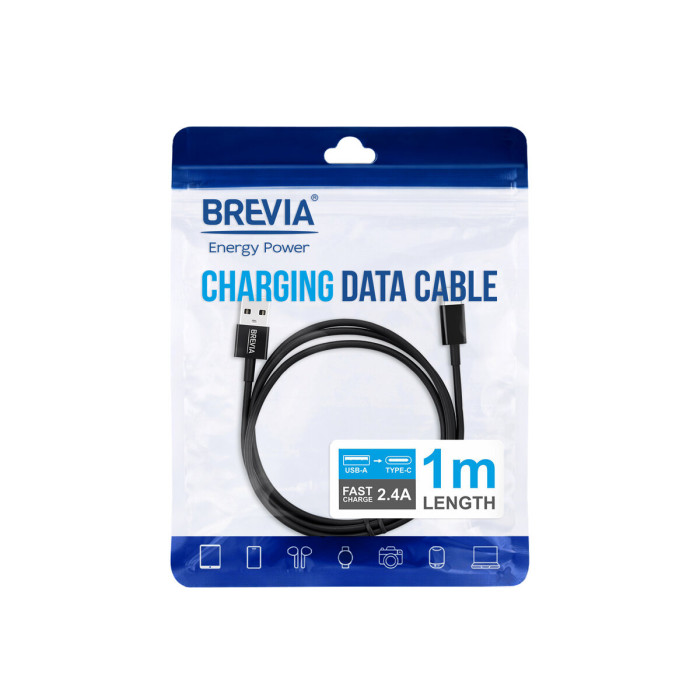 Кабель Brevia USB to Type-C 2,4А 1м, чорний ZIP (55100BUCZ1)