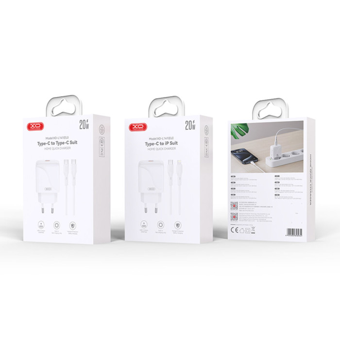 Мережевий зарядний пристрій XO L141 Single USB-C 20W + Lightning кабель білий