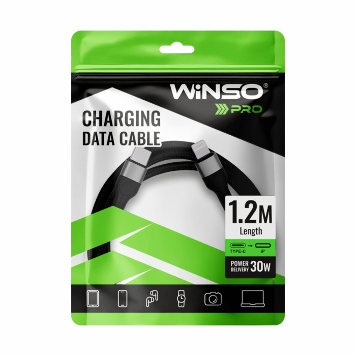 Кабель Winso Pro Type-C to Lightning 30W TPE+плетіння 1,2м чорний
