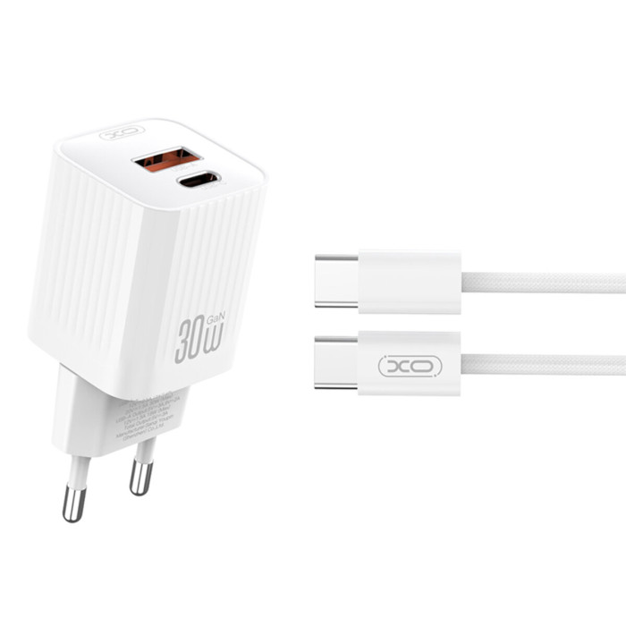 Мережевий зарядний пристрій XO L149 PD30W 1USB-A+1USB-C + Type-C кабель білий