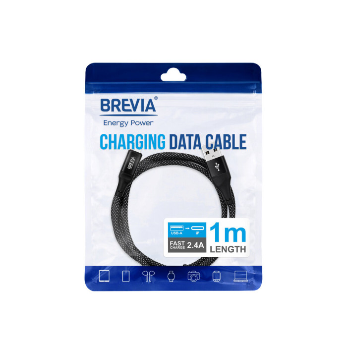 Кабель Brevia USB to Lightning 2,4А 1м, чорний ZIP (56100BULZ1)
