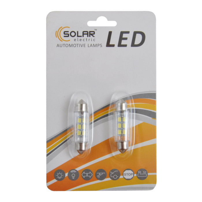 Автолампа Solar LED 12V SV8.5 T11x39mm 6smd 3528 white 2шт