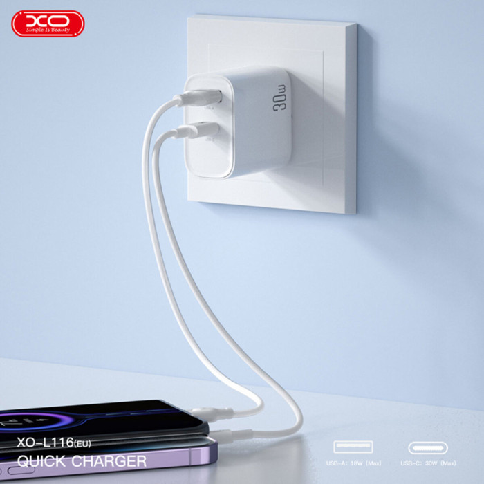 Мережевий зарядний пристрій XO L116 PD30W/QC18W 1USB-C+1USB-A Type-C кабель білий