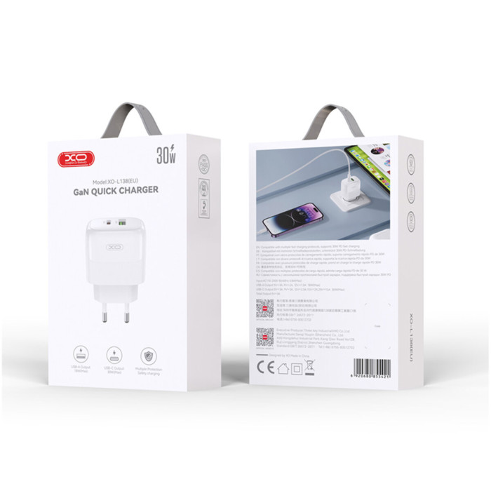 Мережевий зарядний пристрій XO L138 PD30W/QC18W 1USB-A+1USB-C білий