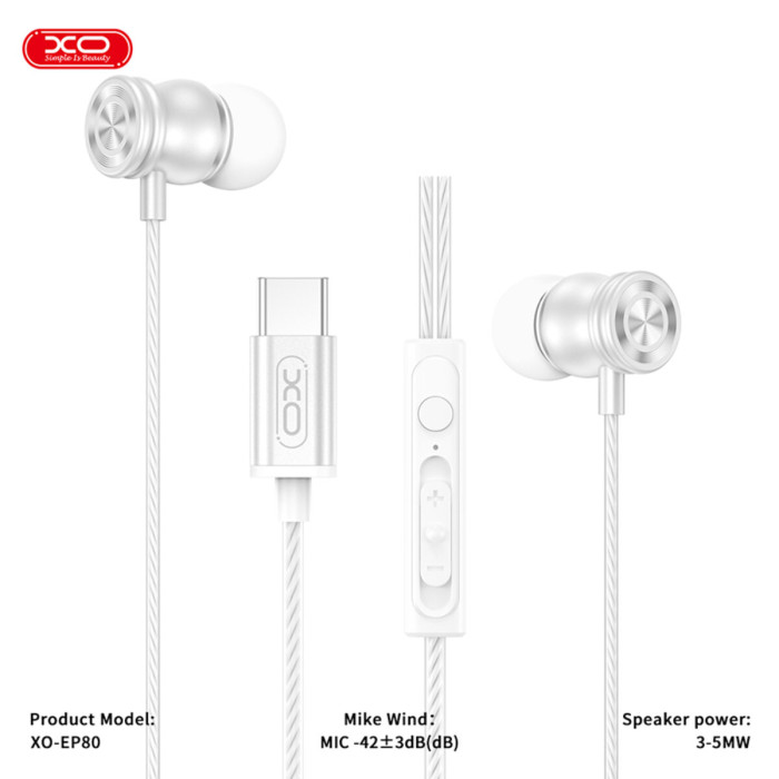 Навушники дротові XO EP80 In ear Type-C білі