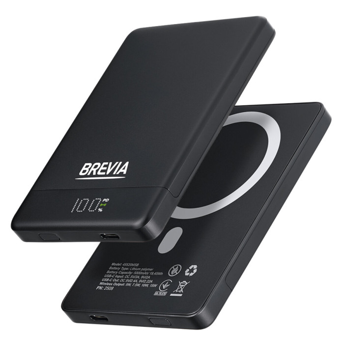Повербанк (Power Bank) Brevia ePower 5000mAh MagSafe SuperSlim PD20W, Qі15W LCD чорний