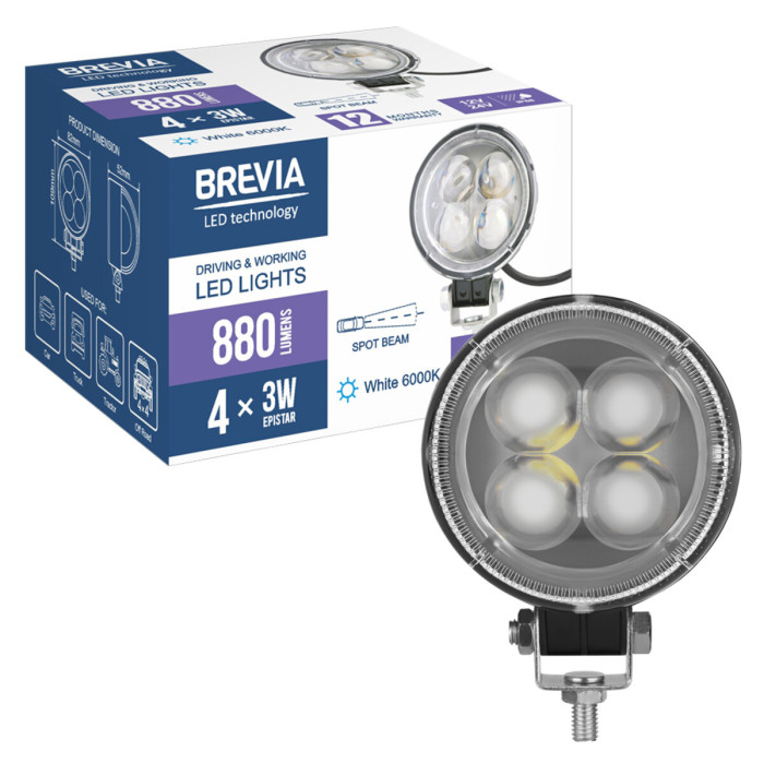 Фара світлодіодна Brevia Epistar 4D Spot 10-30V, 12W (4x3W), 880Lm, 1шт (10602RLX1)