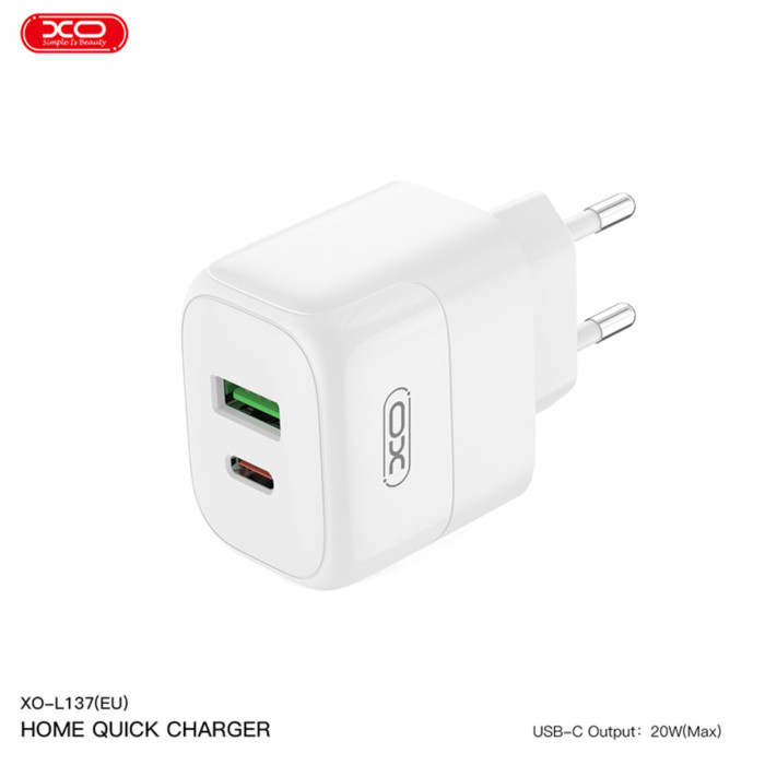 Мережевий зарядний пристрій XO L137 PD20W/QC18W 1USB-A+1USB-C + Type-c кабель білий