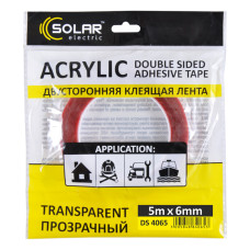 Стрічка клеюча двостороння Solar, ACRYLIC (VHB), прозора, 6ммx5м