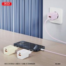 Мережевий зарядний пристрій XO L147 PD20W 1USB-A+1USB-C Type-C кабель білий