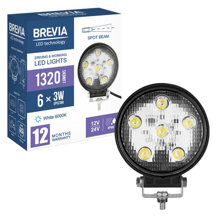 Фара світлодіодна Brevia Epistar Spot 10-30V, 18W (6x3W), 1320Lm, 1шт (10621RSX1)