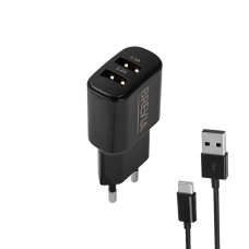 Мережевий зарядний пристрій Brevia ePower 12W 2xUSB-A + кабель USB-A to USB-C 1м чорний
