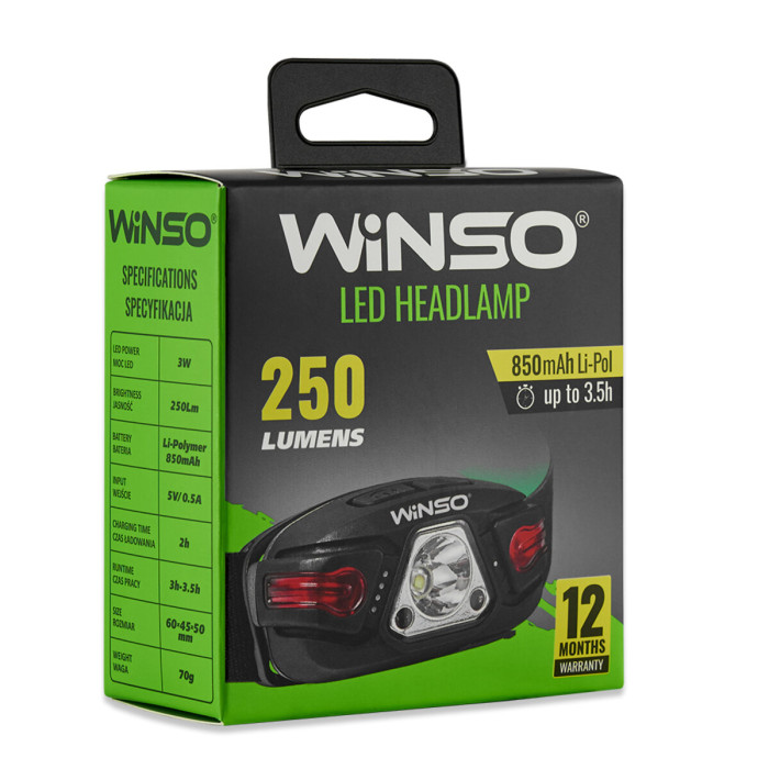 Ліхтар налобний Winso 250Lm, 5W LED, 850mAh, з сенсором білий/червоний