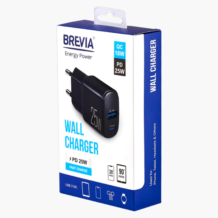 Мережевий зарядний пристрій Brevia ePower PD25W USB-C+USB-A чорний