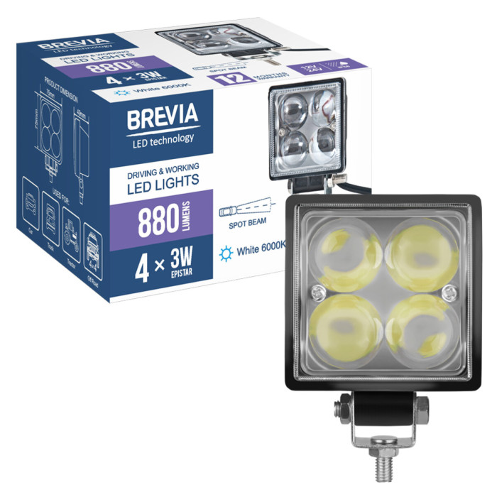 Фара світлодіодна Brevia Epistar 4D Spot 10-30V, 12W (4x3W), 880Lm, 1шт (10602QLX1)
