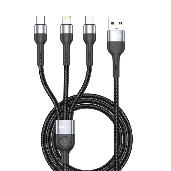 Кабель Brevia 3in1 USB to Lightning+Micro+Type-C 3A 1,2м, чорний (59120BULMCC1)