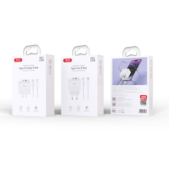 Мережевий зарядний пристрій XO L137 PD20W/QC18W 1USB-A+1USB-C + Type-c кабель білий