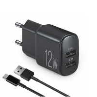 Мережевий зарядний пристрій Brevia ePower 12W 2xUSB-A + кабель USB-A to USB-C 1м чорний