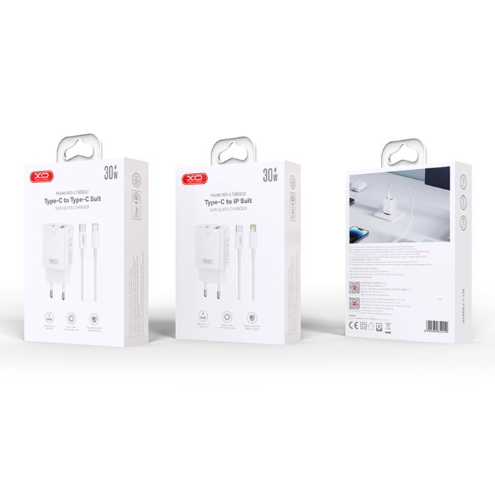 Мережевий зарядний пристрій XO L130 PD30W/QC18W 1USB-C+1USB-A + Type-C кабель білий