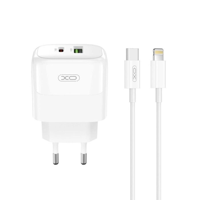 Мережевий зарядний пристрій XO L138 PD30W/QC18W 1USB-A+1USB-C + Lightning кабель білий
