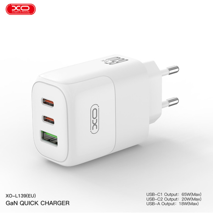 Мережевий зарядний пристрій XO L139 1USB-A 45W+2USB-C 65W + Type-c кабель білий