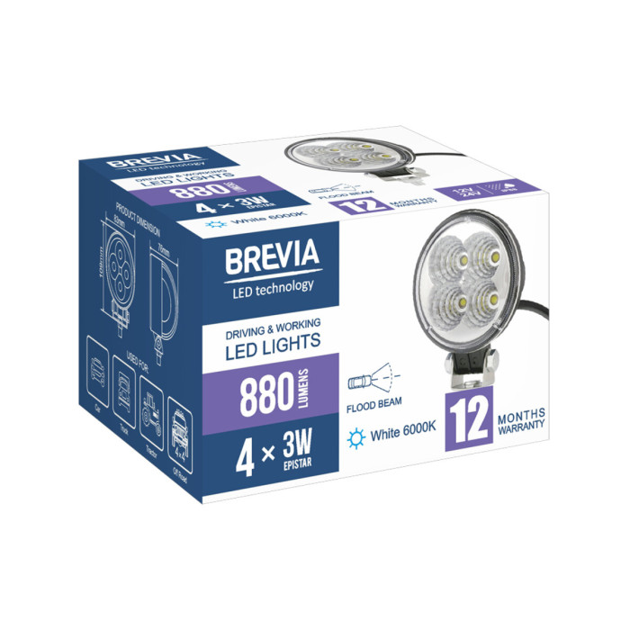 Фара світлодіодна Brevia Epistar Flood 10-30V, 12W (4x3W), 880Lm, 1шт