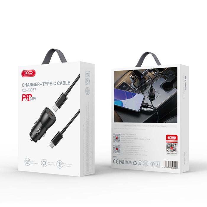 Автомобільний зарядний пристрій XO CC57 PD25W Smart Metal Single C Port + Type-C кабель чорний