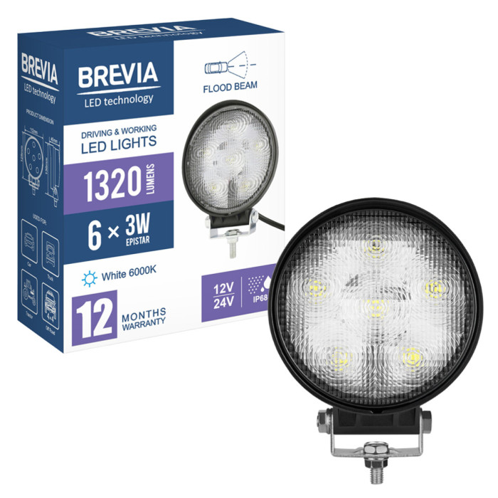 Фара світлодіодна Brevia Epistar Flood 10-30V, 18W (6x3W), 1320Lm, 1шт (10621RFX1)